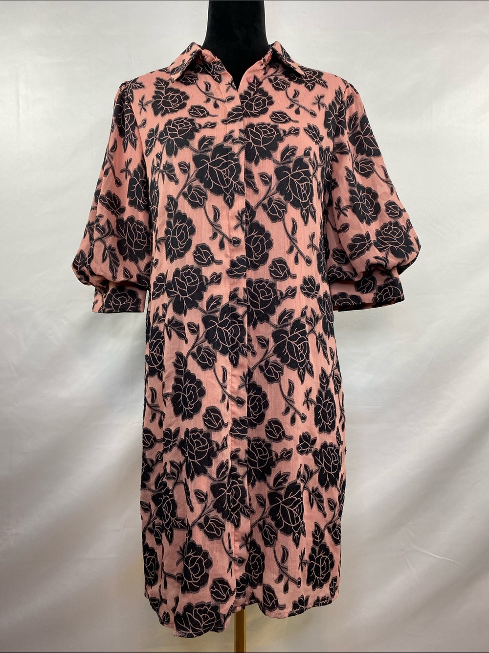 VILA Pink Black Floral Textured T Shirt Dress Puff Sleeve Fully Lined Size 40